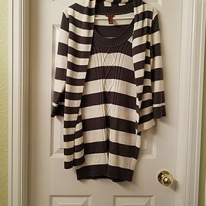 White and gray sweater dress with scarf